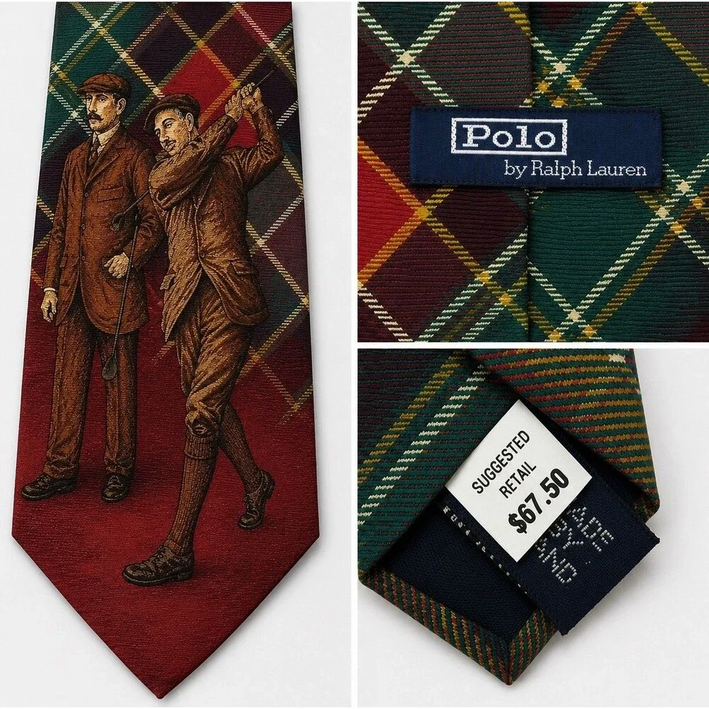Vintage Polo Ralph Lauren Golf Tie USA Silk Tartan Plaid Golfer Novelty Made USA